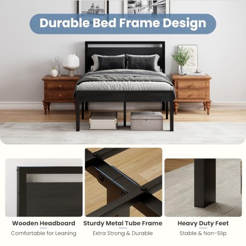 Full Size Bed Frame with Wood Headboard - Black, 14 Inch Under-Bed Storage