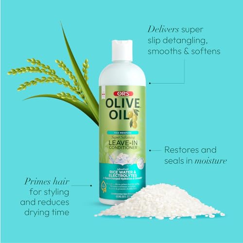 ORS Olive Oil Max Moisture Leave-In Conditioner with Rice Water and Electrolytes for Supercharged Hair Hydration 16.0 Ounce (Pack of 2)