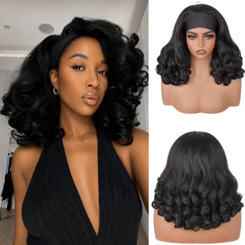 Looxey Yaki Curly Headband Wig 16in - Black 1B, Half Wig with Attached Headband