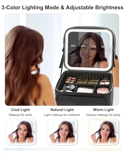 Small Travel Makeup Bag with LED Mirror - 2 Layers, Black (Variation 01-Black / 1-Small)