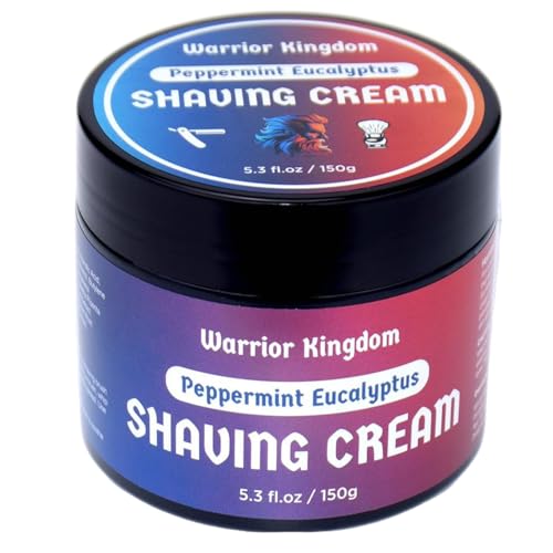 Warrior Kingdom Shaving Cream - Peppermint Eucalyptus. Refreshing Scent. Rich Creamy Lather for the Smoothest Shave. For face, head and body. Gentle, non irritating formula for all skin types.