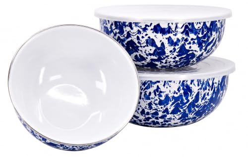 Set of 3 Enamelware Mixing Bowls with Lids - Cobalt Swirl, 3.0-4.5 Qt