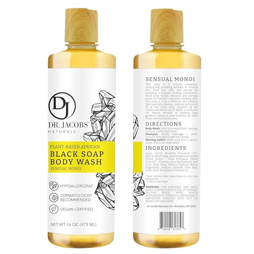 African Black Liquid Soap with Monoi Scent - All-In-One Body Wash, Shampoo & Shaving Soap | 16oz Pack of 2