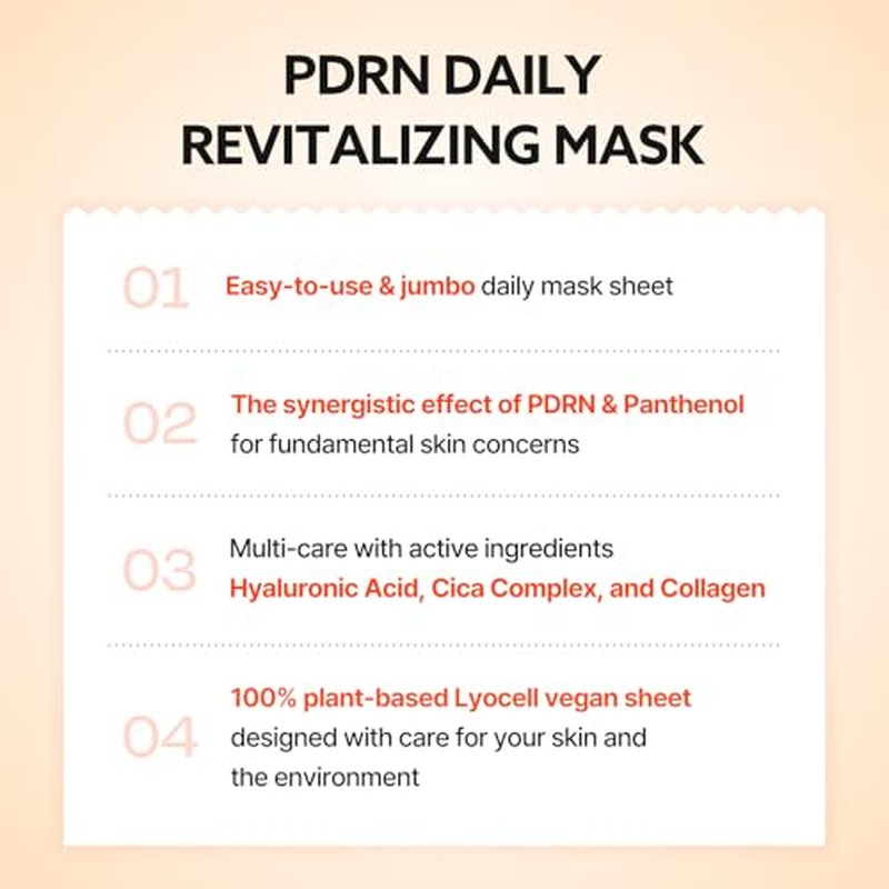 COSNORI PDRN Daily Revitalizing Mask - Skin Strengthening with PDRN, Firming & Soothing, 100% Plant-Based Sheet Mask, 30 Sheets, 11.83 fl.oz
