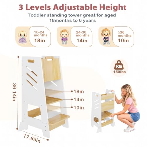 Toddler Kitchen Tower Step Stool with Sliding Panel - White, 3-Level Adjustable & Safety Features