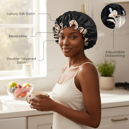 Silk Hair Bonnet for Sleeping, Reversible Bonnets for Black Women, Curly Hair Women Accessories (Black/Champagne)