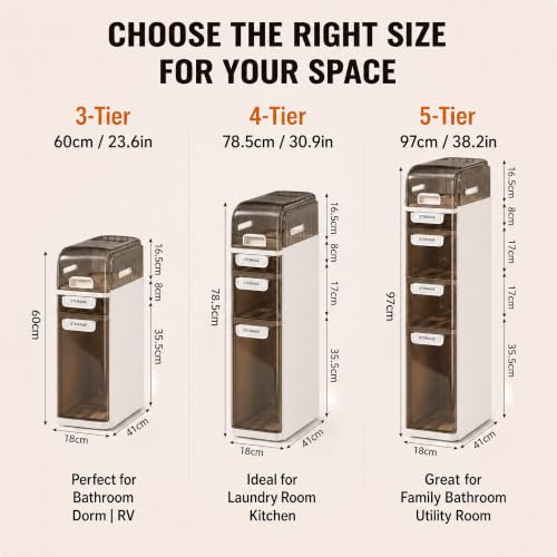 5-Tier Slim Bathroom Storage Cabinet with Drawers - Narrow Waterproof Rolling Organizer, No Assembly, 38.2"H