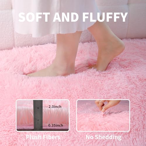 Pink Fluffy Area Rug 8x10 ft - Washable Fuzzy Shag Carpet for Living Room