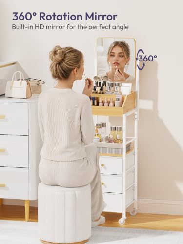 White Makeup Organizer Cart with Mirror and Storage Drawers - Rotating Vanity Trolley