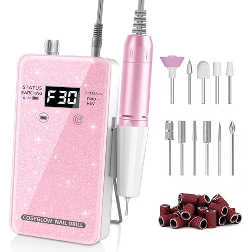 Professional Electric Nail Drill File: COSYGLOW Glitter Portable E-File Nail Drill Kit with11 Drill Bits Pink&Black