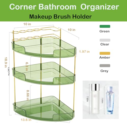 Green 3-Tier Makeup Organizer for Vanity & Bathroom Countertop Acrylic Storage Shelf with Perfume Tray & Brush Holder