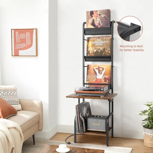 Record Player Stand with Power Outlet & Vinyl Storage - Black & Brown