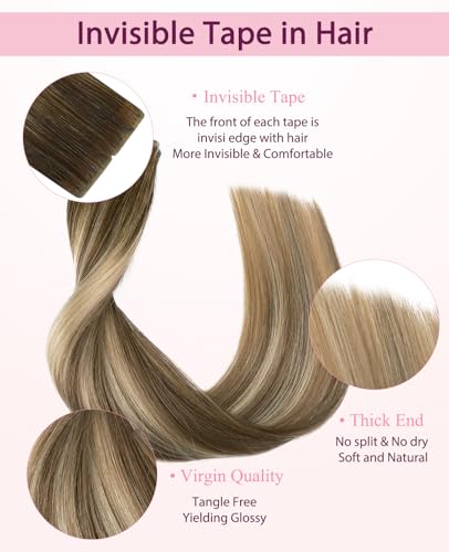 Pinkpearl Invisible Tape in Hair Extensions - 20pcs 20 Inch Balayage Walnut to Ash & Blonde
