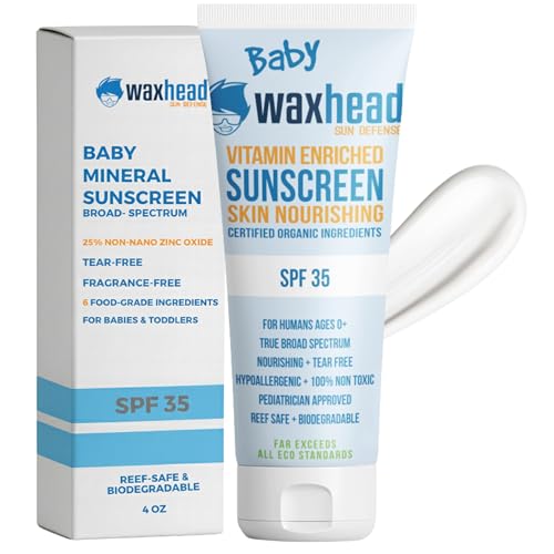 Waxhead Baby Sunscreen SPF 35, 25% Non-Nano Zinc Oxide Mineral Lotion, Tear-Free Face & Body, Safe for Newborns, Infants & Toddlers, 6 Food-Grade Ingredients, Hypoallergenic, Reef-Safe (4 oz)