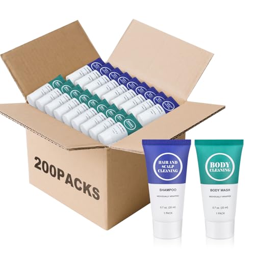 Travel Size Shampoo and Body Wash Set, Small Trial Hair Shampoo Sample Shower Gel Kit Mini Toiletries Amenities Set for Men and Women, Cleansing for Hotel/Vacation/Homeless 0.7 oz/20 ml (200 Pack)