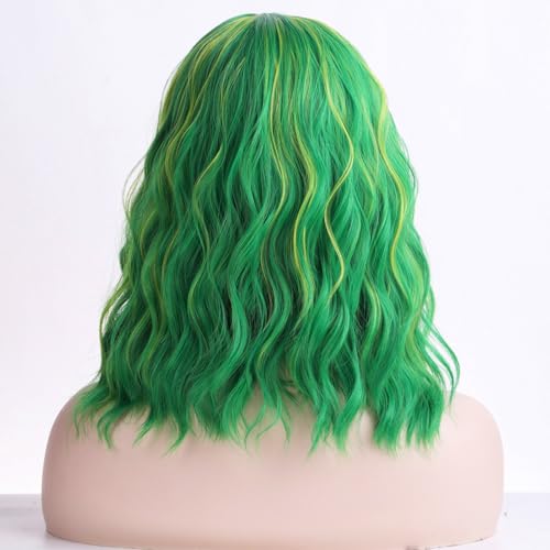 Green Short Curly Wig with Wig Cap - 14 Inch Synthetic Bob Hair for Women