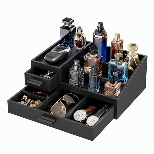 Wooden Cologne Organizer with Drawers and Vanity Stand for Men