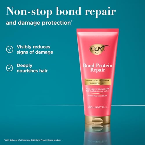 OGX Repair & Protect Bond Protein Repair 1-Minute Treatment Mask, Deep Conditioning Hair Mask Rapidly Repairs for Shiny, Smooth Hair That Lasts Between Washes, 6.7 fl. oz
