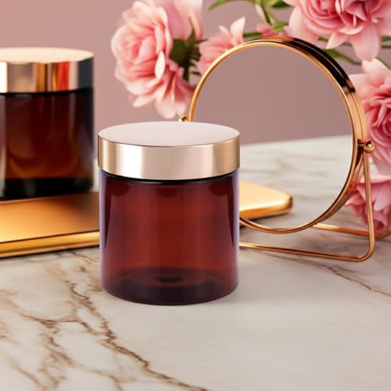 (6 Pack) 8 oz Amber PET Plastic Jar with Gold Metal Overshell Lid + Spatulas
