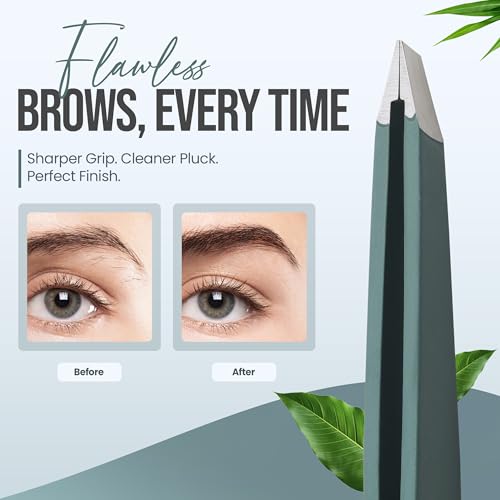 Professional Slant Tip Tweezers - Precision Stainless Steel Eyebrow Plucking Tool for Women and Men, Ingrown Hair Remover, Facial Hair Tweezers for Grooming (Olive Fog)