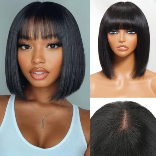Black 10-Inch Human Hair Bob Wig with Bangs, Glueless Lace Cap, Straight Style - Variation of This Listing