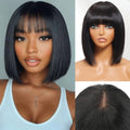 Black 10-Inch Human Hair Bob Wig with Bangs, Glueless Lace Cap, Straight Style - Variation of This Listing