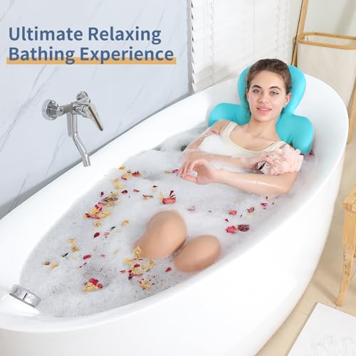 Blue Full Body Bath Cushion with 160 Suction Cups - 51 x 16 inches, Spa-Style Bathtub Pillow with Neck & Head Support, Luxury Bath Mat, Gift Idea