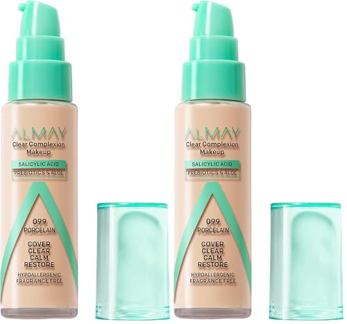 Almay Acne Foundation with Salicylic Acid - Medium Coverage, Soft Matte Finish, 099 Porcelain, Pack of 2 - Variation of 099 Fair-Light with Neutral Undertone