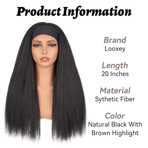 Looxey Black 1 / 20 Inch Kinky Straight Headband Wig for Black Women - Glueless, Natural Look