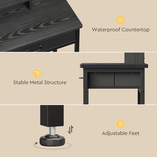 Black Makeup Vanity Desk with Mirror & LED Lights, Small Storage, Fabric Drawer - 23.6in