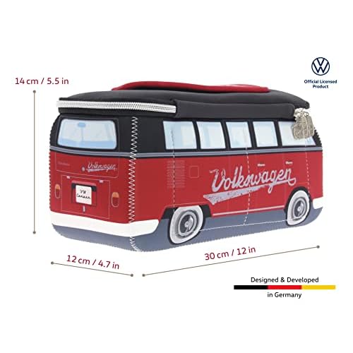 BRISA VW Collection - Volkswagen Neoprene Universal Makeup Cosmetics Toiletry Travel Pharmacy Bag in T1 Bus Design (Red/Black) (Large (11.8 x 5.5 x 4.7 inches))