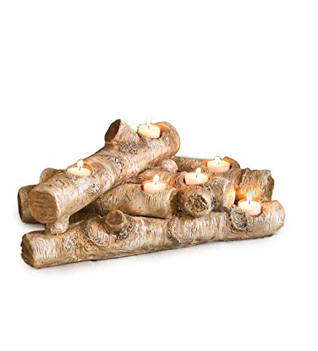 Faux Birch Wood Resin Candle Holder for Fireplace - Holds 8 Tea Lights - 18 Inches