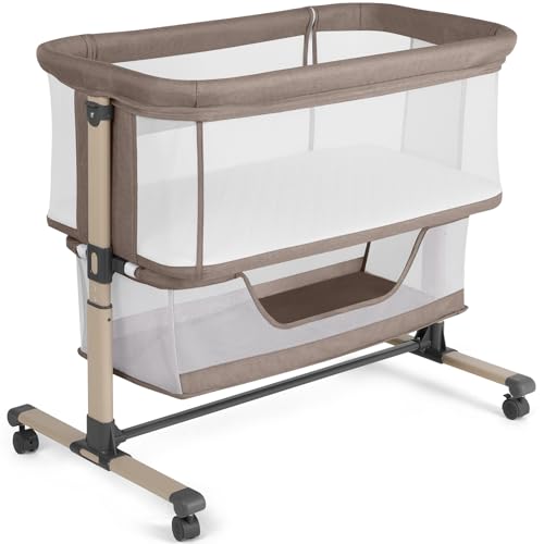Cowiewie Bassinet Bedside Sleeper Khaki - Breathable, Adjustable Baby Crib
