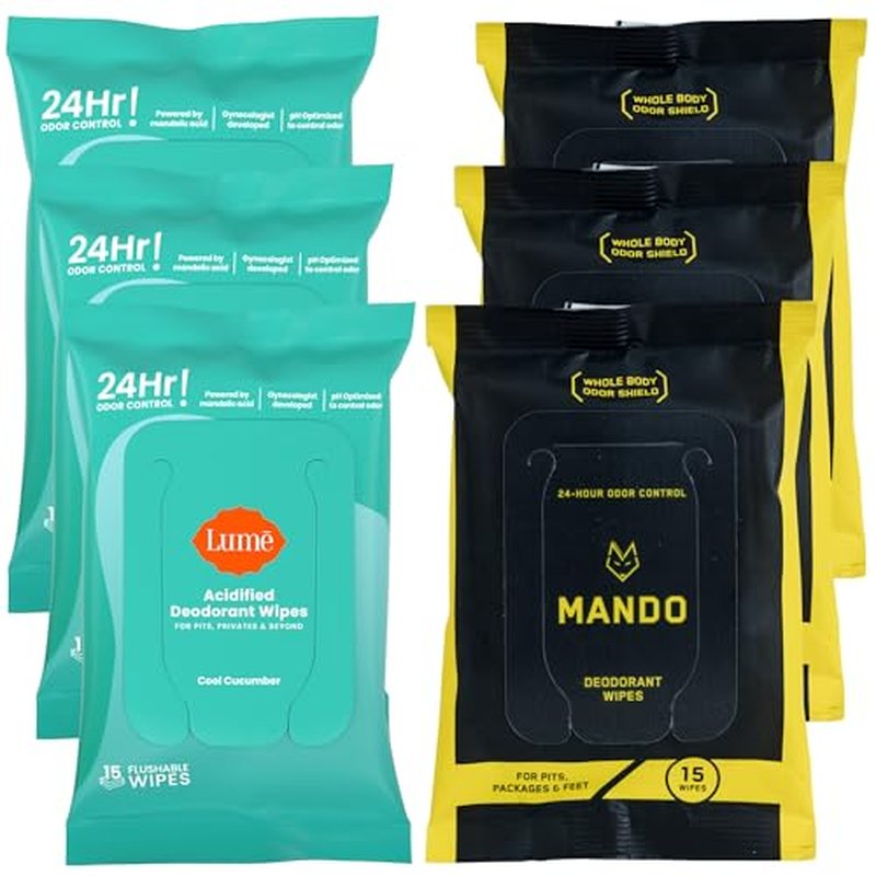 Mando Deodorant Wipes and Lume Acidified Deodorant Wipes (Cool Cucumber) - Aluminum Free, Baking Soda Free, Skin Safe, Skin Loving - 15 Count (Pack of 6)