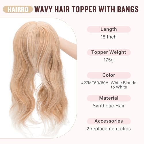 Long Wavy Clip-In Hair Topper with Side Bangs for Women - Synthetic Hairpiece, White Blonde