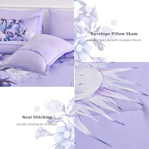 Luxudecor Queen Lavender Floral Comforter Set 7 Piece Bed in a Bag