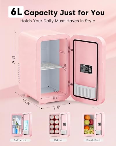 Enventor Pink 6L Mini Skincare Fridge with LED Mirror & Dual Cooling Modes