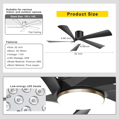 Ohniyou 52-Inch Black Low Profile Ceiling Fan with Lights & Remote Control