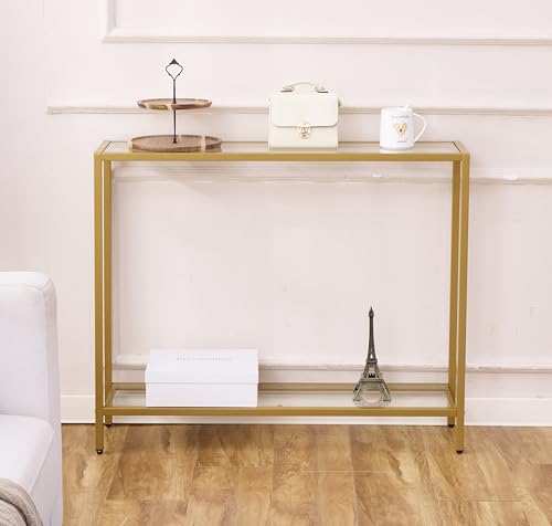 MAJARO Gold Double-Layer Modern Console Table with Tempered Glass for Entryway & Living Room