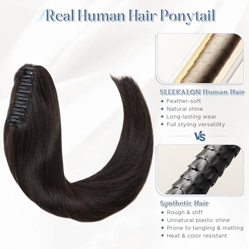 14 Inch Natural Black Remy Human Hair Ponytail Extension with Claw Clip for Women