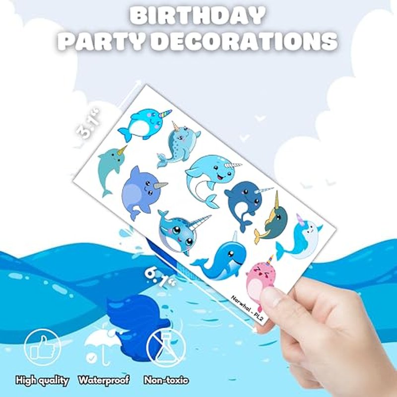 107 PCS Cute Narwhal Temporary Tattoos Themed Birthday Party Supplies Decorations Favors Decor Under The Sea Baby Tattoo Stickers Gifts For Boys Girls Class Prizes Carnival