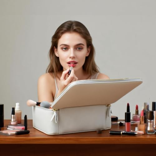Hard Shell Makeup Brush Bag with Mirror & Dust-Proof Film, Professional Cosmetic Organizer Case, Large Capacity Travel Toiletry Bag for Women
