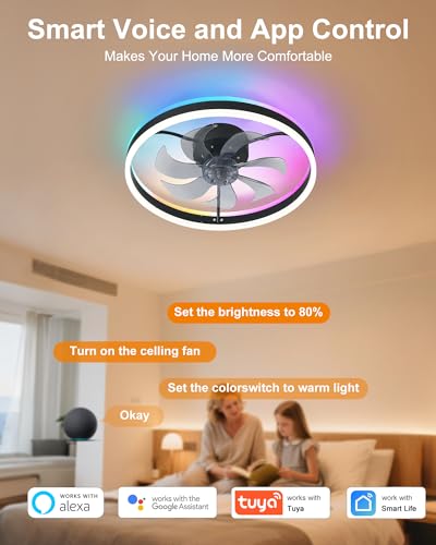Black 20 Inch RGB Ceiling Fan with Light - Voice Control & Music Sync