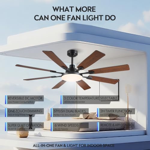 JSAITEE 60-Inch Brown Ceiling Fan with Light & Remote - Modern Low Profile