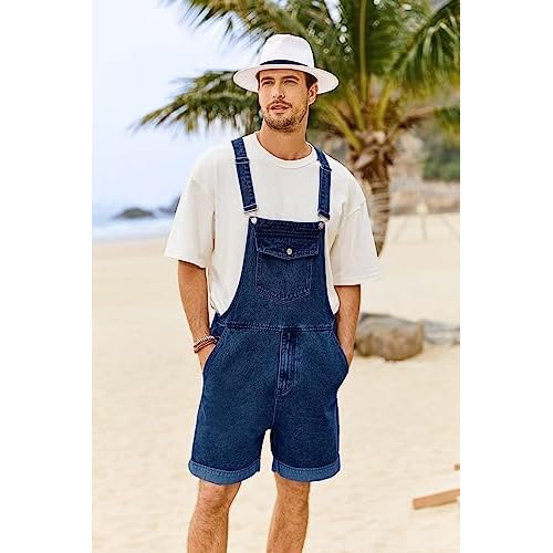 Karlywindow Mens Denim Bib Overall Shorts Loose Fit Summer Walk Shorts Above Knee Length Shortalls Jumpsuit Rompers
