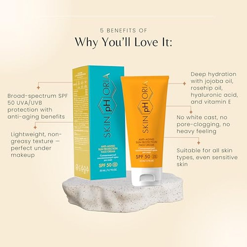 Anti-Aging Sun Protection Cream SPF 50 ? Broad Spectrum Daily Face Cream for All Skin Types ? Helps Protect Skin and Support a Youthful Glow ? With Jojoba & Rosehip Oils ? 50ml