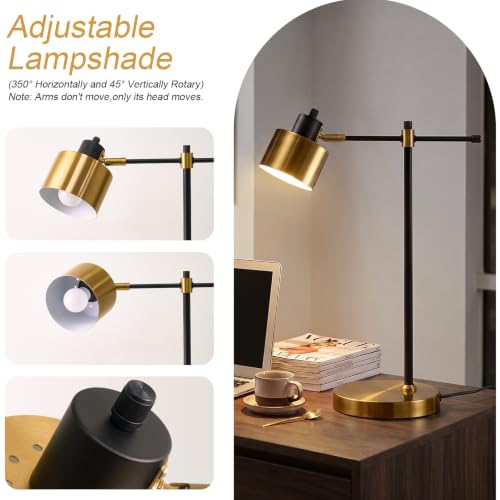 Black and Gold Modern Desk Lamp with Adjustable Reading Light - Metal Table Light for Home Office & Living Room