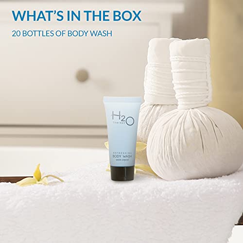 Travel Size Hotel Body Wash 20 Count 0.85 oz Bottles Guest Amenities for Hotels Vacation Rentals and Short Term Rentals Paraben Free Green Tea Scent Infused with Aloe and Olive Oil by H2O Therapy
