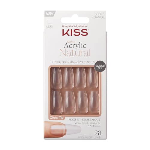 KISS Salon Acrylic Natural Nails, Clear Tip, Long, Ultra-Smooth Finish, DIY At-Home Manicure Kit with Pink Gel Nail Glue, Mini File, Manicure Stick, and 28 Nails in 14 sizes