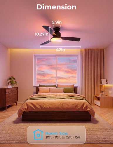 42 Inch RGBW Smart Ceiling Fan Light with Remote - Black + Walnut, Flush Mount